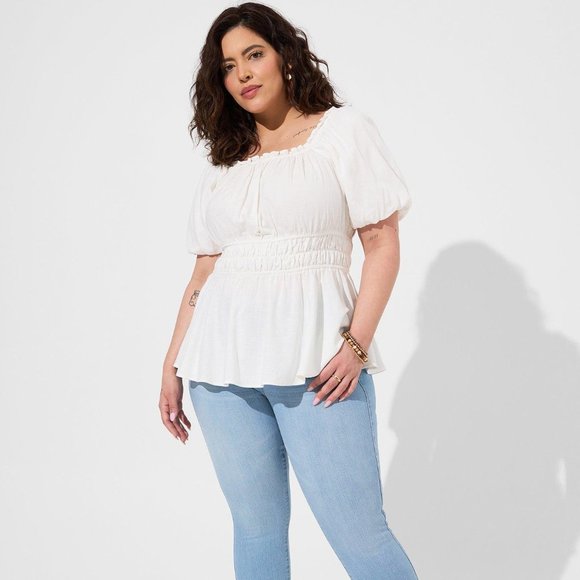 torrid Tops - Torrid Linen Puff Sleeve Shirred Bodice Blouse